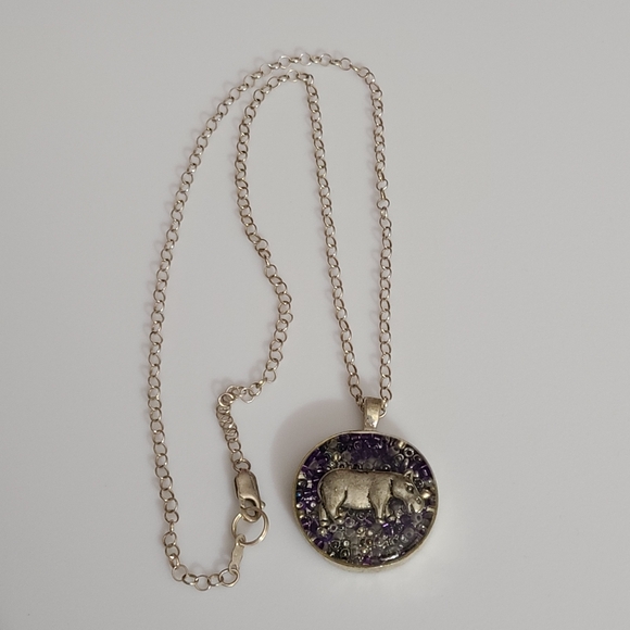 925 Sterling Hippo Necklace Resin Beads Charm 925 Chain 20" Purple - Picture 8 of 11